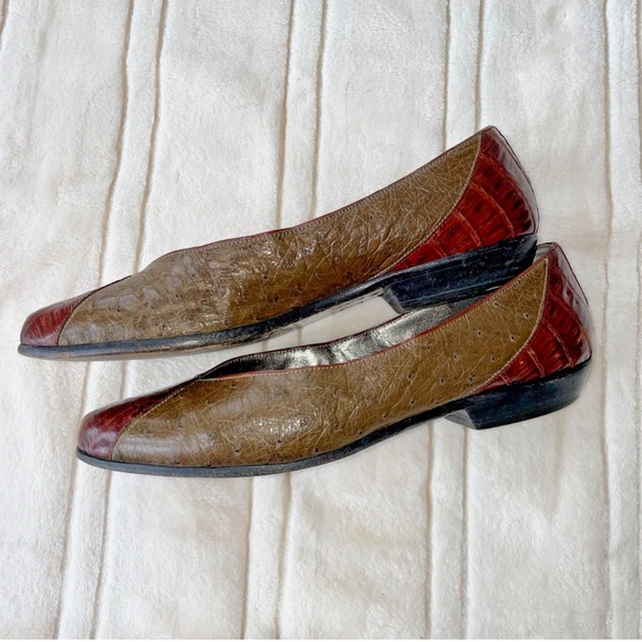 Vintage Italy Flats 7 Susan Bennis Warren Edwards Army Green and Brown Crocodile - Picture 5 of 6